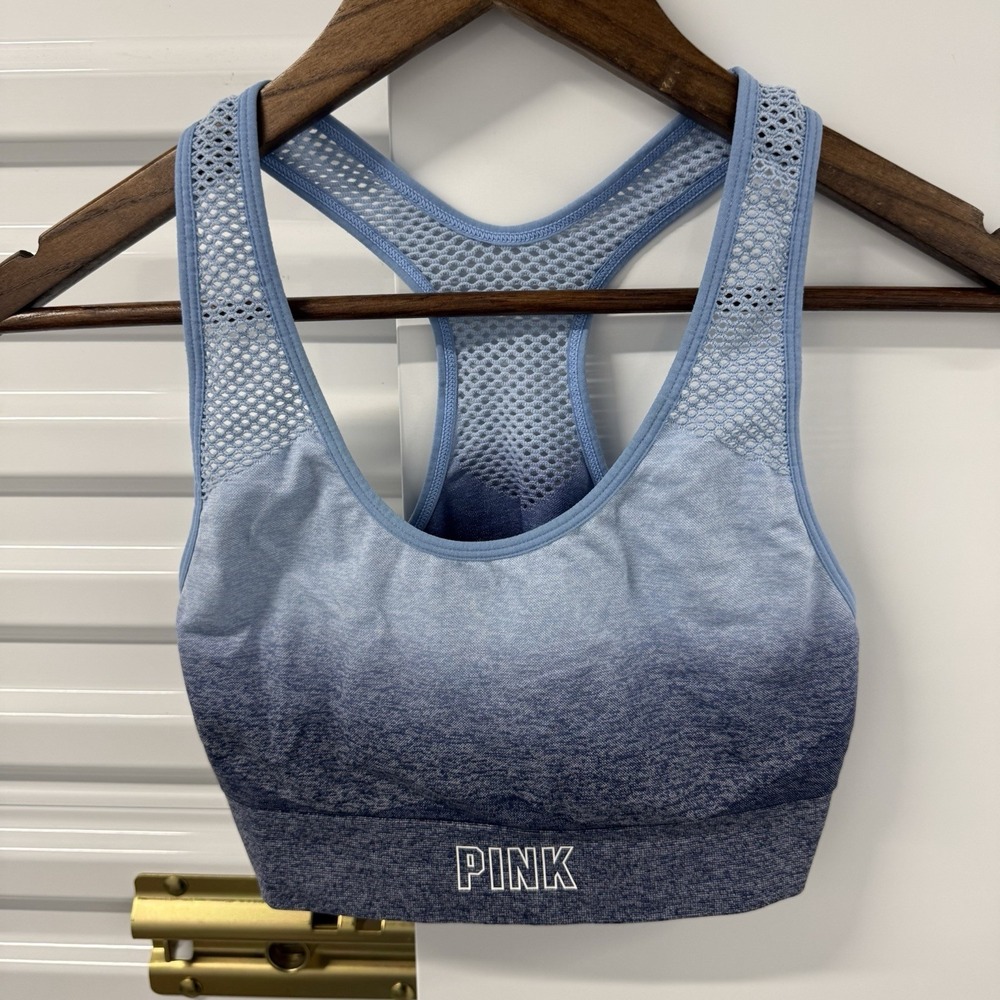 PINK Victoria's Secret Sport Bra Womens M Blue Racerback Mesh Gym Workout